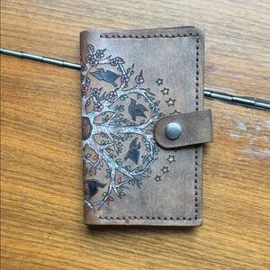 Handmade Brown Leather Tree of Ravens Card Wallet